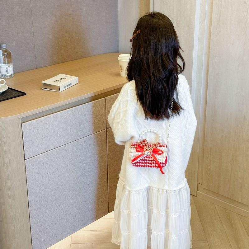 Red Delightful Cute Bowknot Childrens Handbag With Trendy Chain And Pearl Handle