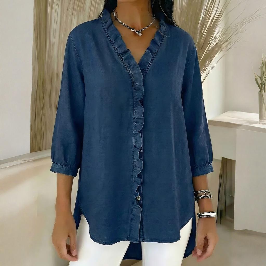 Женская модная повседневная джинсовая блузка с V-образным вырезом и оборками