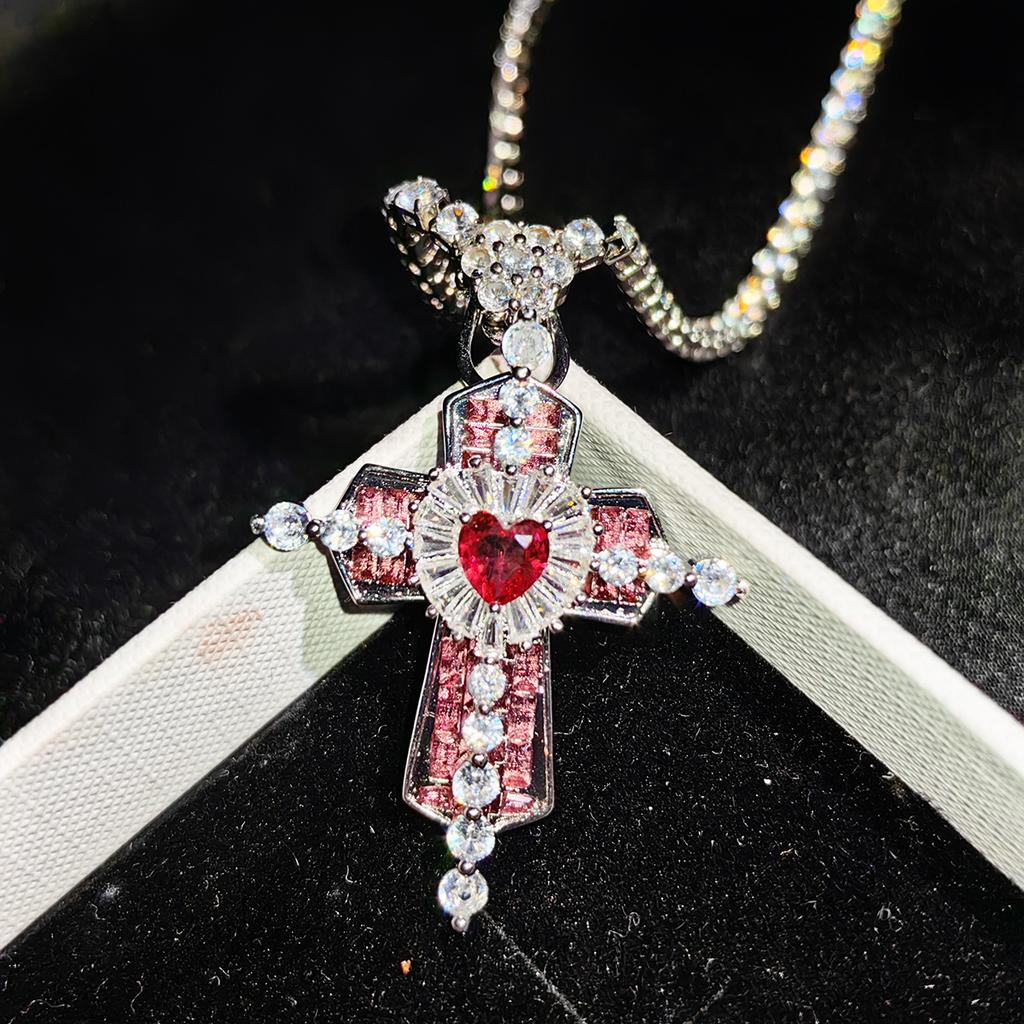 Heavy Industry Beauty Girl Love Gem Cross Pendant Necklace Light Luxury Micro Setting Temperament Magic Wand Diamond Collarbone Chain