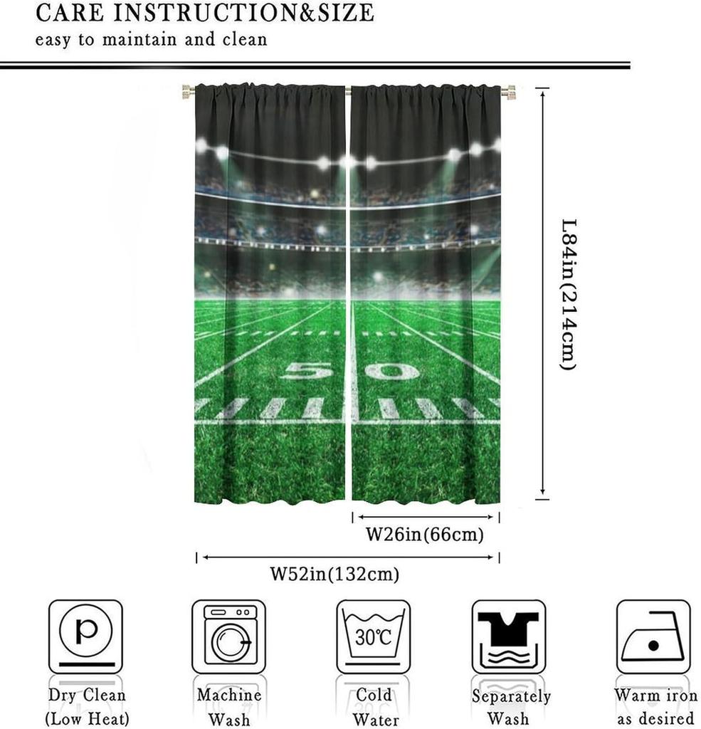 Sports themed bedroom curtains, circular football field art style bedroom curtains under the spotlight, suitable for bedrooms