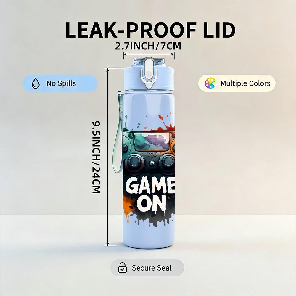 1PC Game On Controller Gaming Pattern 750ml Color Plastic Sports Water Bottle Leakproof Flip Straw Lid Suitable for Sports Office Home Use
