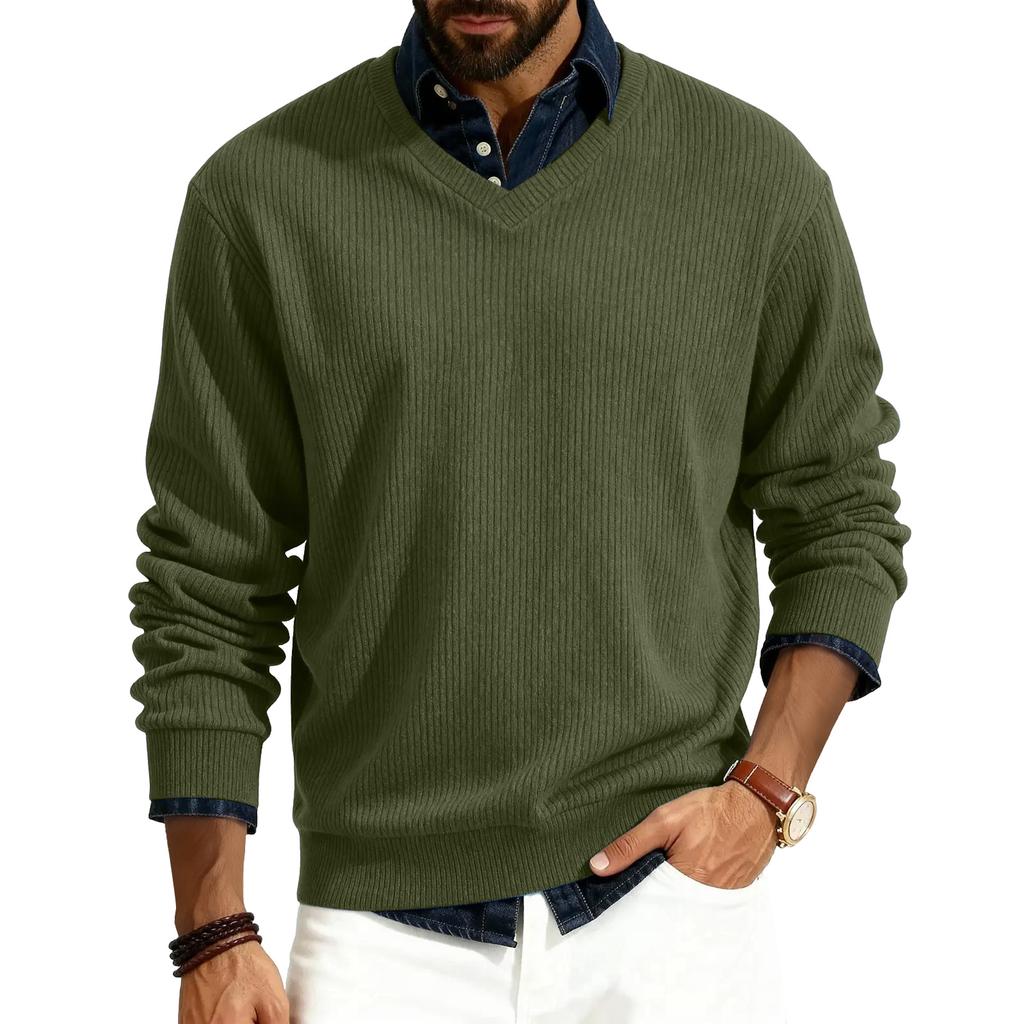 Men's V-neck Long-sleeved Ribbed Knit Pullover
