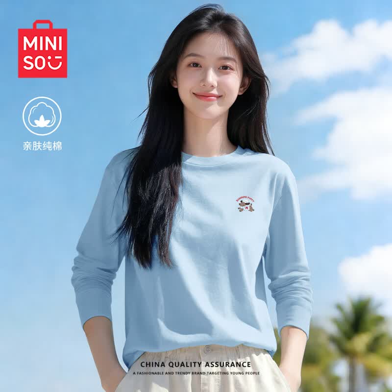 MINISO Женская свободная хлопковая футболка с длинным рукавом