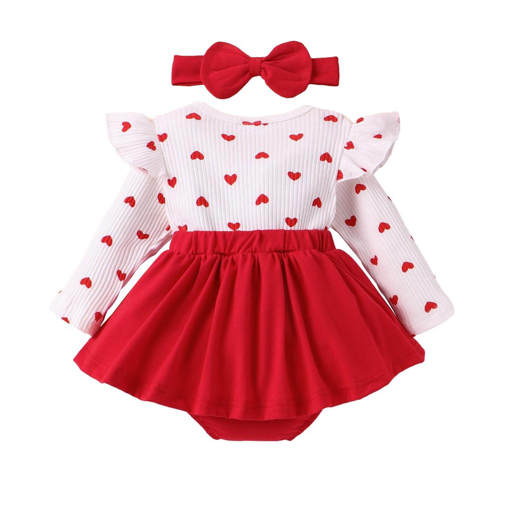 Autumn Baby Girls Valentine's Day Romper Dress 3M 6M 9M 12M 18M Long Sleeve Ruffle Heart Letter Print Jumpsuits with Headband