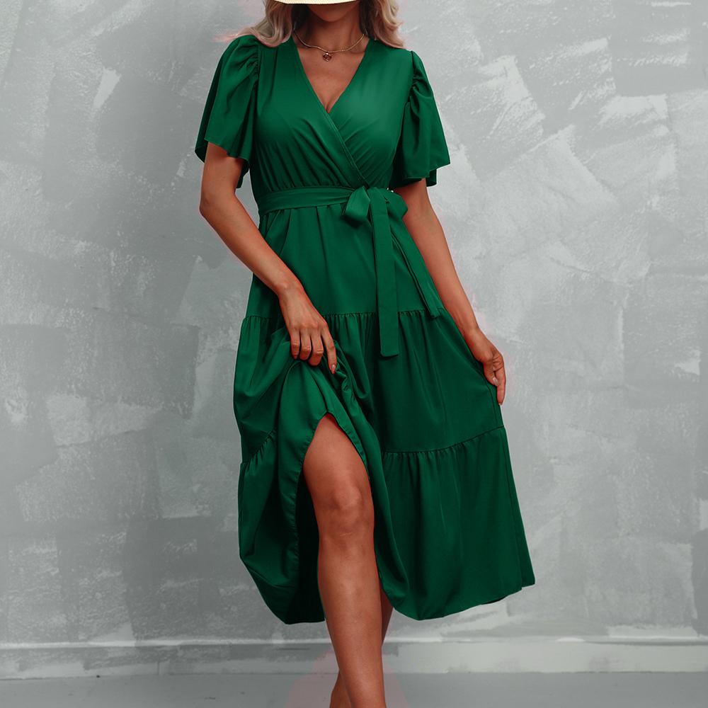 GMXIA Women's Fashion Summer Spring Solid Color Print Short Sleeve V-Neck High Waist Casual Dresses