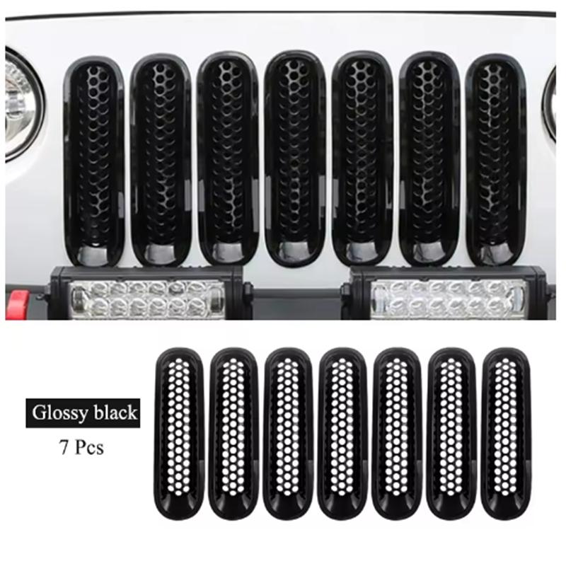 BED1 7Pcs Matte Gloosy Black Front Grille Mesh Inserts Trim Car Sticker Grille Cover Guard for Jeep Wrangler JK 2007-2017 Car Styling