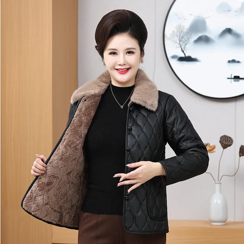 Older Women Winter Jacket Autumn Velvet Mom Outerwear Warm Cotton Padded Jacket Winter Loose Cotton Coat