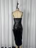 2025 Chic European & American PU Leather Spaghetti Strap Ruched Waist Slit Dress