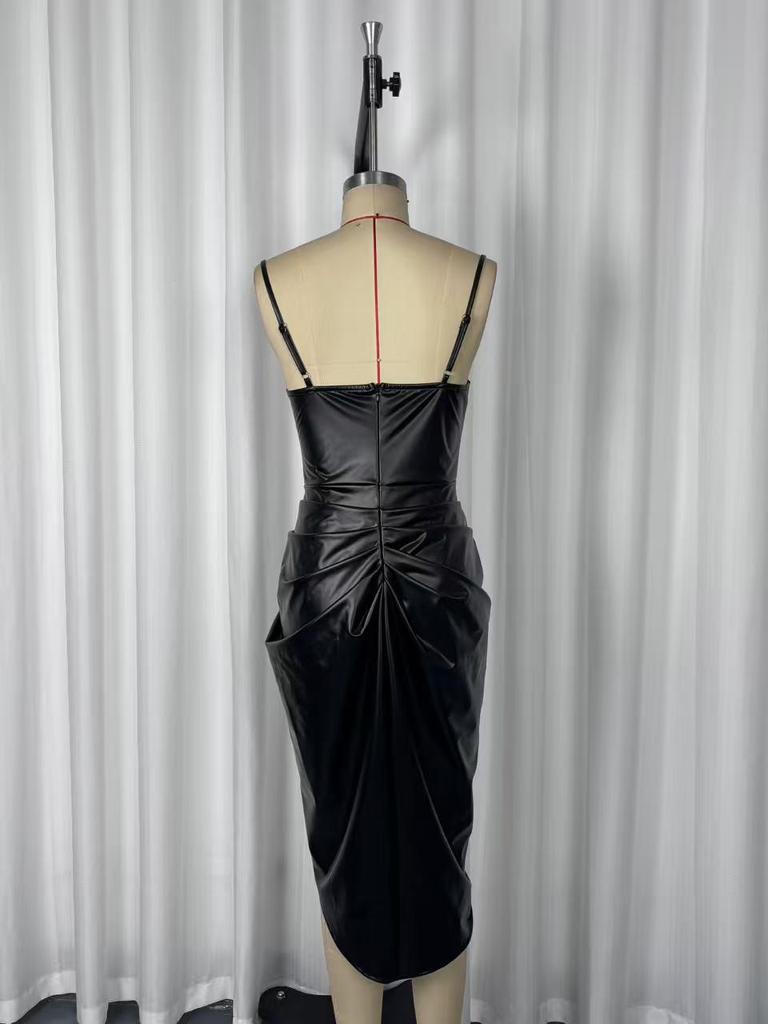 2025 Chic European & American PU Leather Spaghetti Strap Ruched Waist Slit Dress