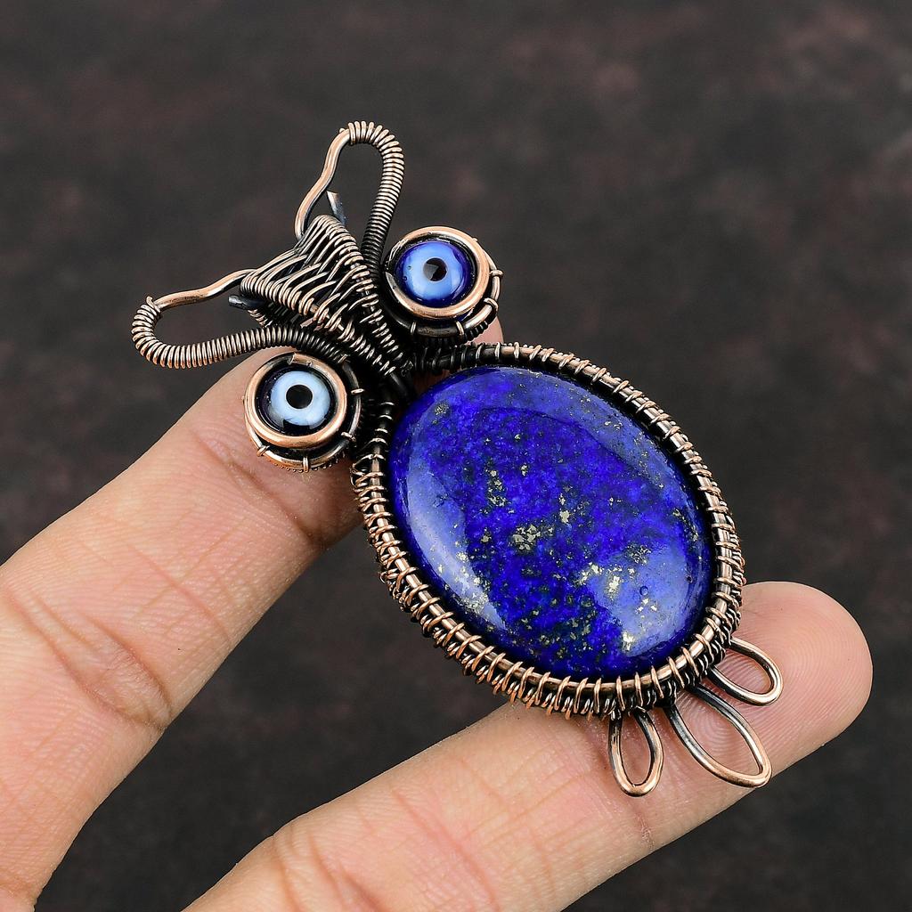 Подвеска из лазурита и меди, обмотанная проволокой, подвеска синего цвета от сглаза, подвеска из драгоценного камня и меди, подвеска в виде совы, украшения ручной работы, обмотанные проволокой