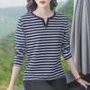 Women's V-Neck Long-Sleeve Pure Cotton T-Shirt for Middle-Aged, Loose-Fit Autumn/Spring Top