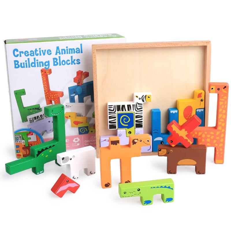 Children's Puzzle Creative Wooden Three-dimensional Puzzle Tetris Three-dimensional Animal Puzzle Puzzle Board Building Block Toy