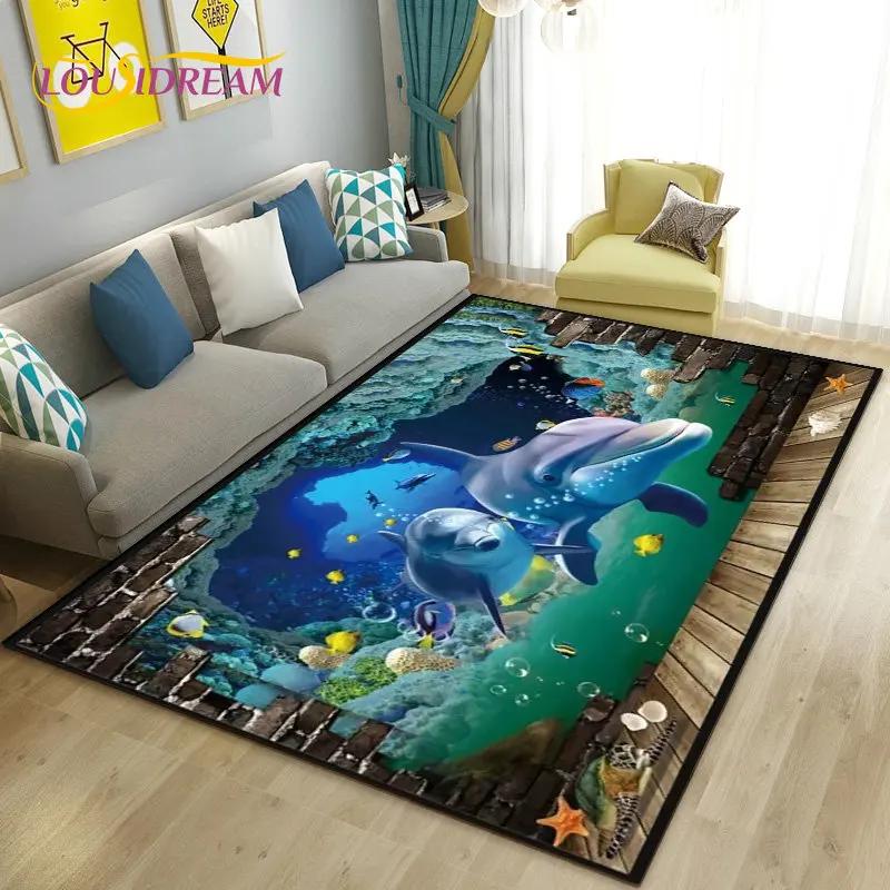 Иллюзия морского дна Подводный мир Дельфин Акула Ковер, Ковер для гостиной Спальни Дивана Дверной коврик Нескользящий коврик для пола