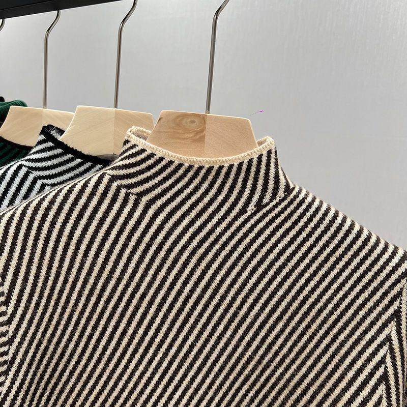 Бархатный полосатый свитер с полувысоким воротом и добавлением бархата. Женская высококачественная базовая рубашка на осень и зиму. Толстый вязаный свитер.