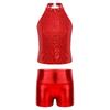Girls Sleeveless Backless Shiny Sequin Halter Crop Top Metallic Dance Shorts Jazz Dance Stage Performance Outfit