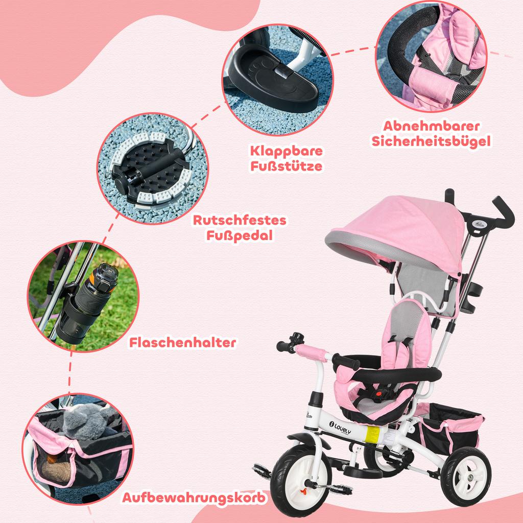 6 in 1 Kids Trike Push Bike w/ Push Handle, Canopy, 5-point Seat Belt, Storage, Footrest, Brake, for 1-5 Years, Pink