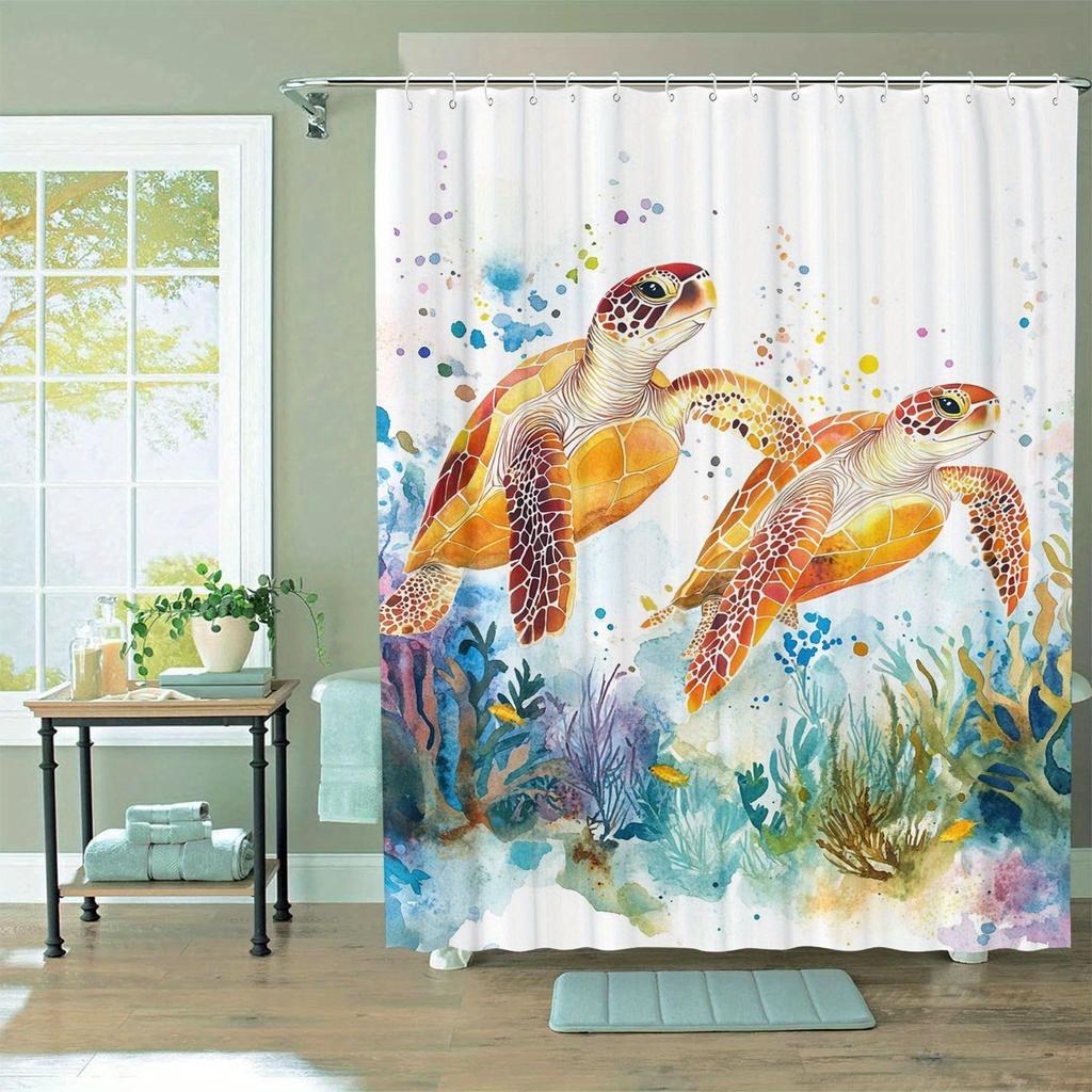 Golden Turtle Themed Shower Curtain, Waterproof, With Hooks, Artistic Graphic Design, Suitable For Home, Kitchen, Hotel
