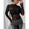 Mesh Long Sleeve Top for Women, Lace Sheer Tops See Through Mock Neck Floral Embroidery Sheer Blouce Fishnet