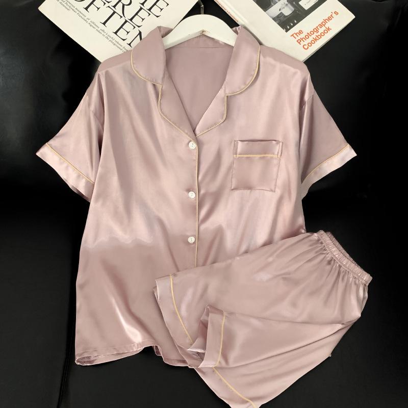 Solid Color Ice Silk Pajamas Women'S Summer Thin Foreign Style High-Value Short-Sleeved Loungewear Two-Piece Set Can Be Worn Outside