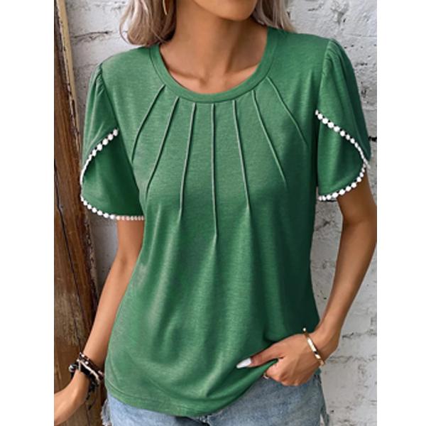 Women's Summer New Round Neck Solid Crimp Short Sleeve Lace Casual T-shirt