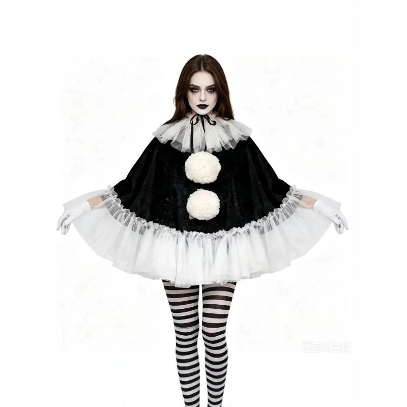New Women Halloween Cosplay Costume Clown Pierrot Black White Lace Cape Poncho Suits Theme Party Role Playing Outfit for Adult