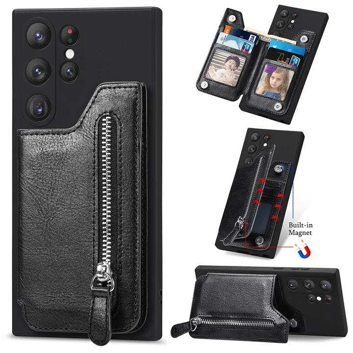 Luxury Zipper Wallet Case Camera 360 Protect Back Cover for Samsung Galaxy S24 S23 S22 S21 S20 Ultra Plus S8 S9 S10 Cover