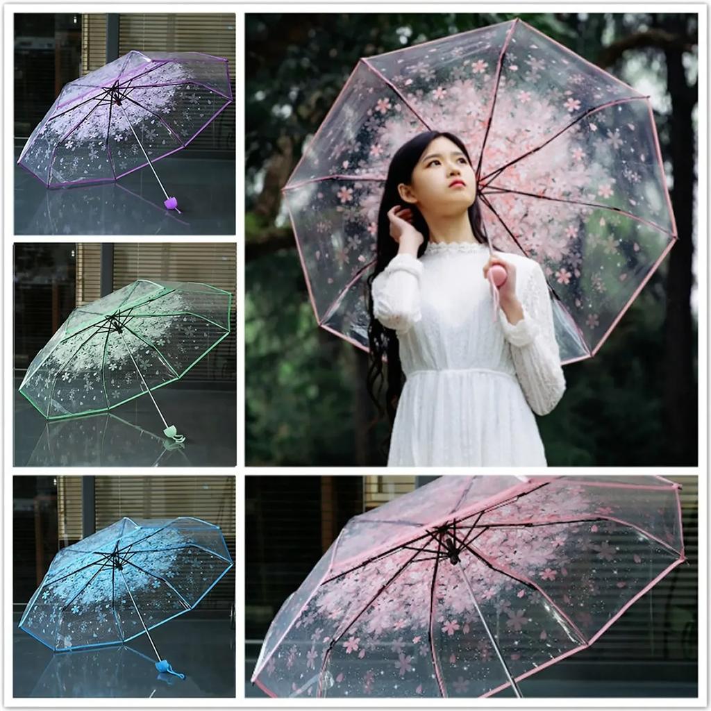 1PC Portable cute flower household rain gear cherry blossom transparent umbrella wind and rain protection 3 fold PVC umbrella