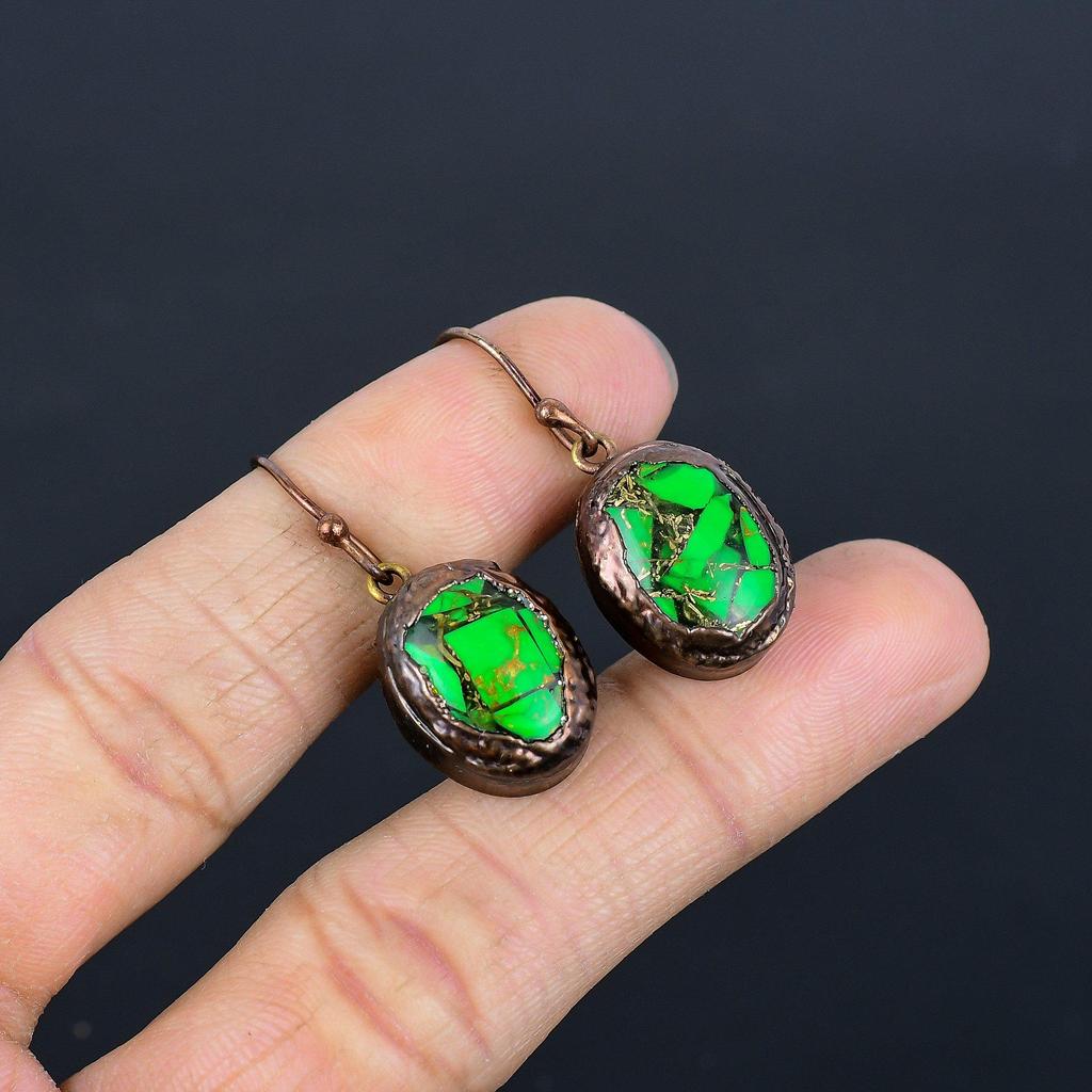 Green Copper Turquoise Earrings, Copper Electroformed Gemstone Jewelry, Handmade Earrings Amazing Jewelry, Gift For Her