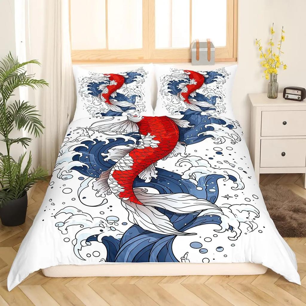 Goldfish Bedding Set Fantasy Yin Yang Fish Duvet Covet Cherry Blossom Flowers Theme Blue Sea Wave Breathable Bedding Set