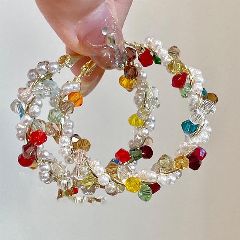Y2K Colored Bead Crystal Pearl Exaggerated Hoop Earrings for Women Luxury Round Irregular Earring High-End Travel Accessory Gift