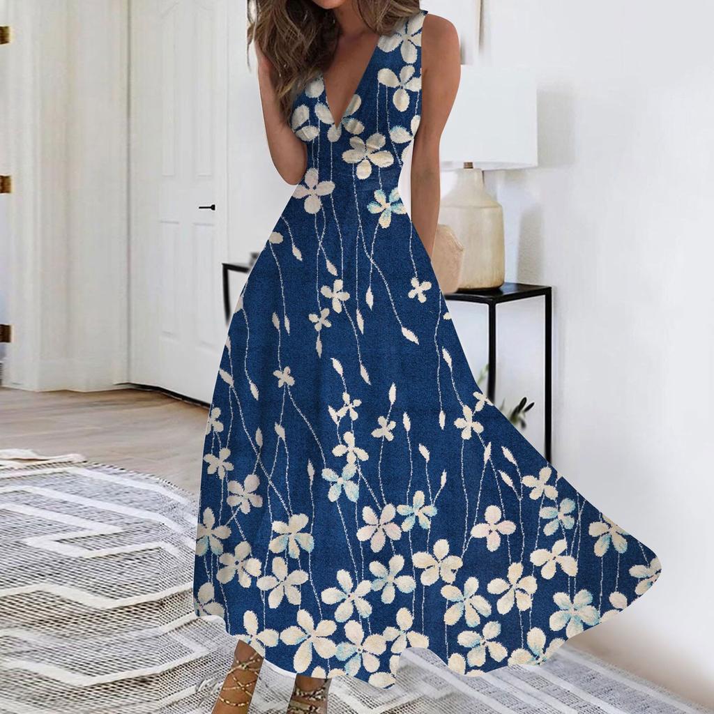 Женское длинное платье Платье макси Повседневное платье Летнее повседневное платье без рукавов с v-образным вырезом в стиле бохо с талией и принтом