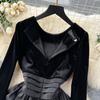 Осенние женские винтажные черные бархатные деловые наряды с длинными рукавами и оборками, топы, блузка и облегающая юбка-футляр, комплект из двух предметов для офисной работы