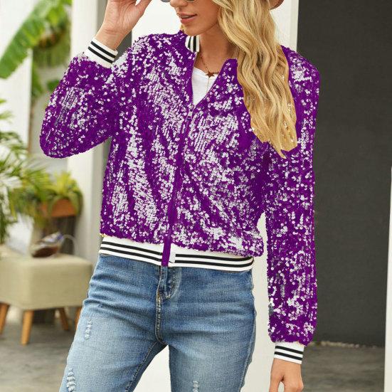 Women Jacket Shiny Sequin Long Sleeve Stand Collar Striped Loose Zipper Closure Elastic Cuff Stage Performance Emcee Coat