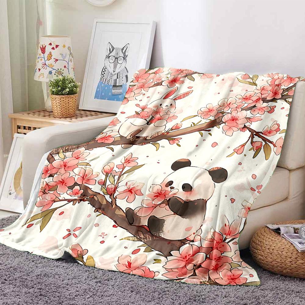 1pc Blossom Panda Blanket, Lightweight Flannel Throw Blanket for Sofa, Bed, Travel, Camping, Living Room, Office, Couch035
