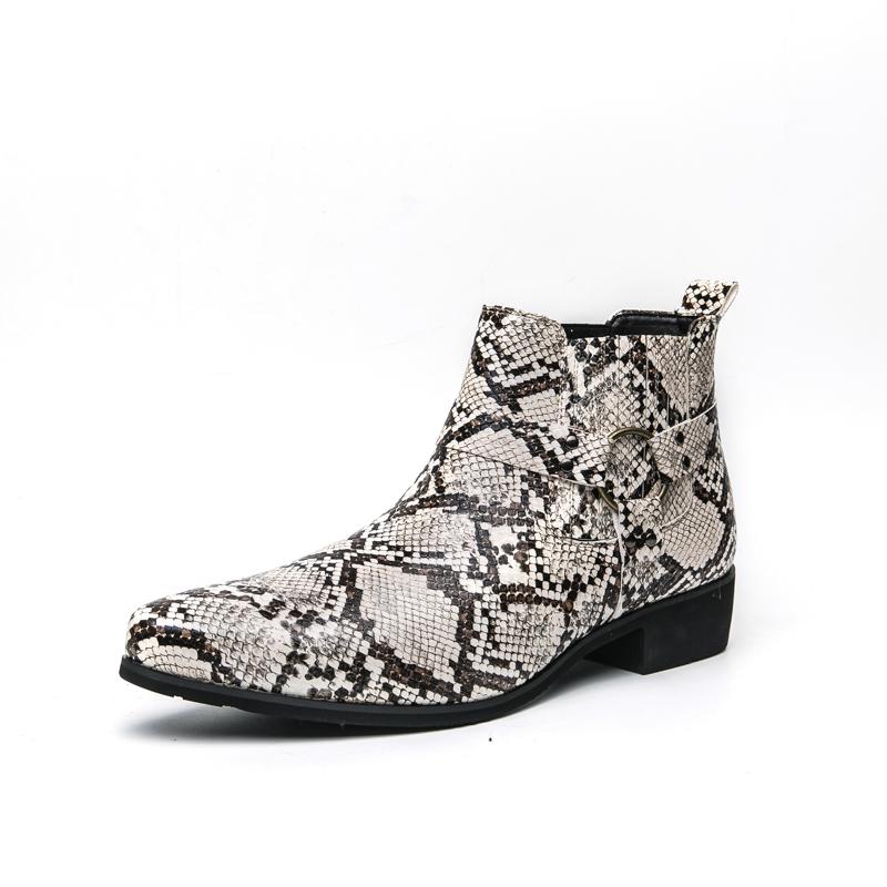 New Fashion Designer Winter High Tops Pointed Chelsea Ankle Boots For Men Snake Pattern Slip On All Match Shoes Zapatos Hombre