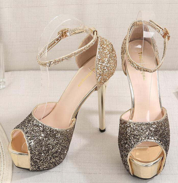 Fashion Bling Bling Thin High Heels Sandals Summer Women Party Shoes Glitter Sequins Peep Toe Cover Heel Sandales Sexy Creepers Platform