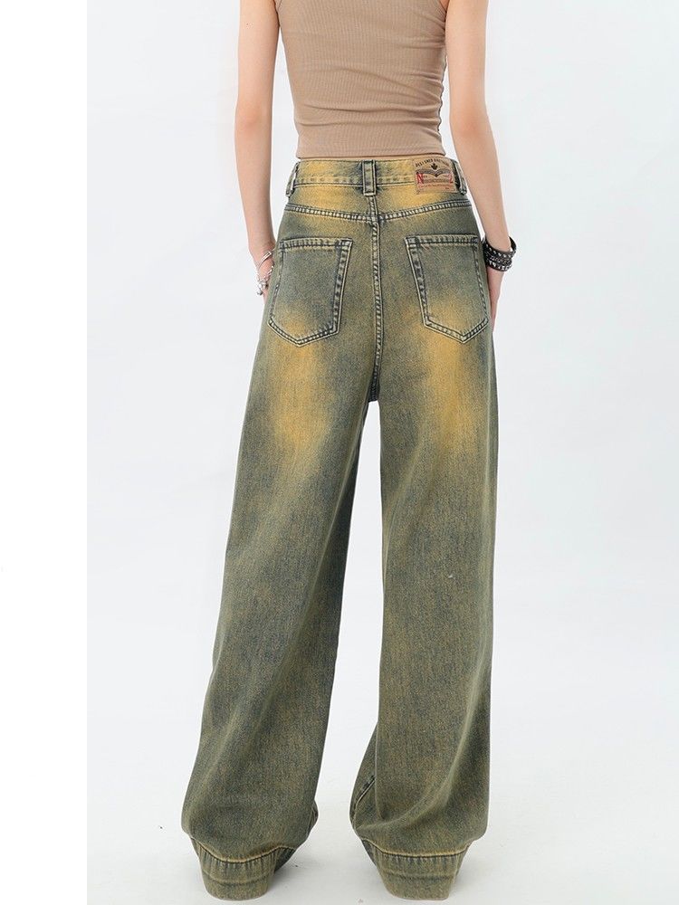 Американский ретро-градиентный дизайн, прямая трубка с высокой талией, свободные и узкие новые женские джинсы в стиле ретро.