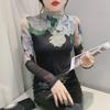 2023 High-Neck Floral Mesh Pullover: Elastic Long-Sleeve Autumn/Winter T-Shirt