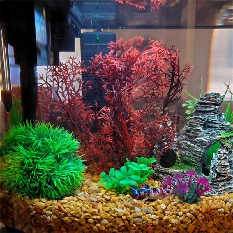 Fishtanks Scene Decoration with 7Pieces Artificial Fishtanks Plastic Plant and Cave Rock Aquariums Landscaping Coral Grass X3UC