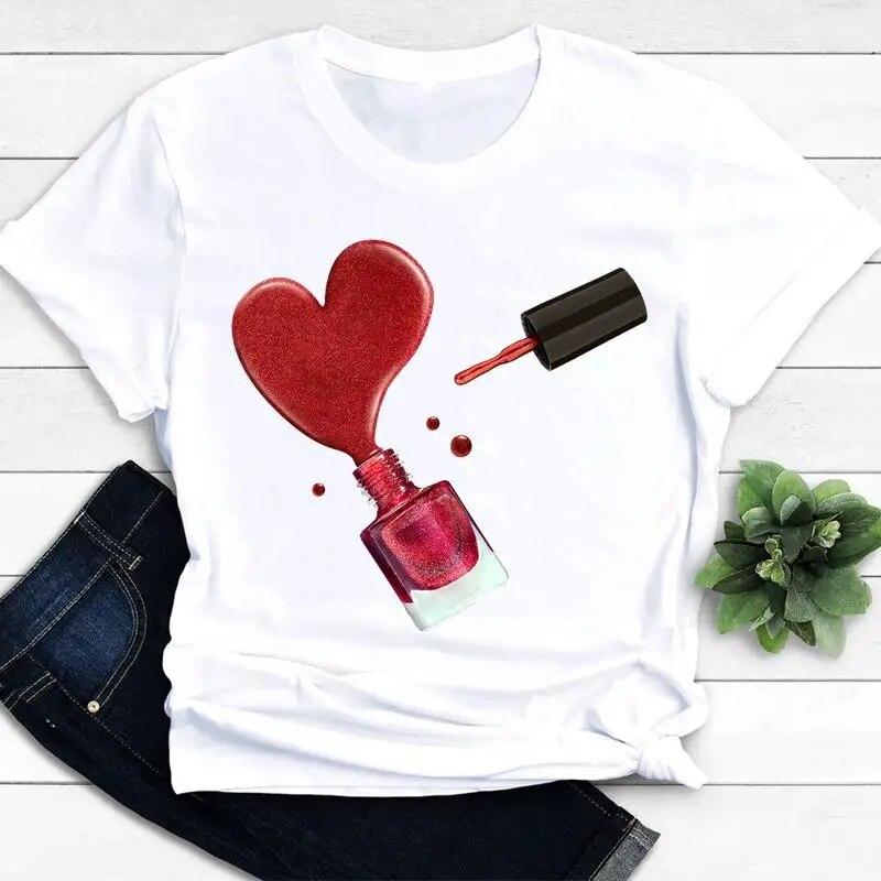Women T-shirts Nail Art Lovely Spring Short Sleeve Ladies Fashion Casual Clothing Cartoon Clothes Female Tee Graphic Tshirt