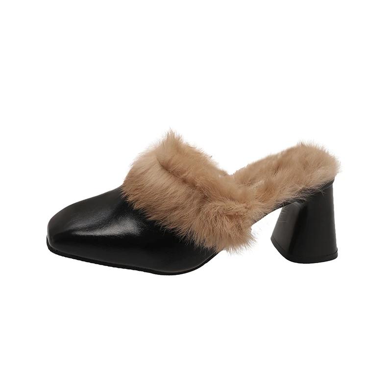 Женские тапочки с острым носком Элегантные мюли Тапочки Осенние меховые туфли на высоком каблуке Женские офисные туфли для работы Женские туфли Zapatos De Mujer