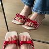Winter sandals 2024 bow red women's shoes plaid wear a word beautiful French women's high-heeled open-toed cool slippers