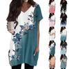 Womens Tops V-neck Short Sleeve Blouses Casual Mid-length Shirts Fashion Print Tunic Tops With Pockets