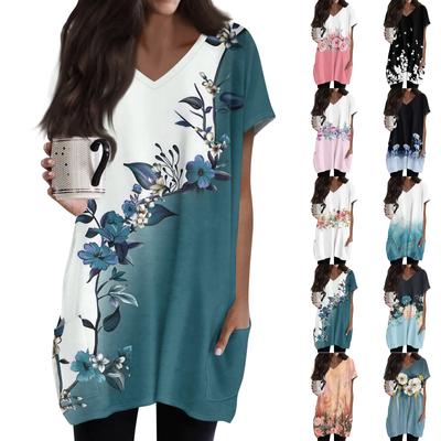Женские топы с V-образным вырезом, блузки с коротким рукавом, повседневные рубашки средней длины, модные туники с принтом и карманами