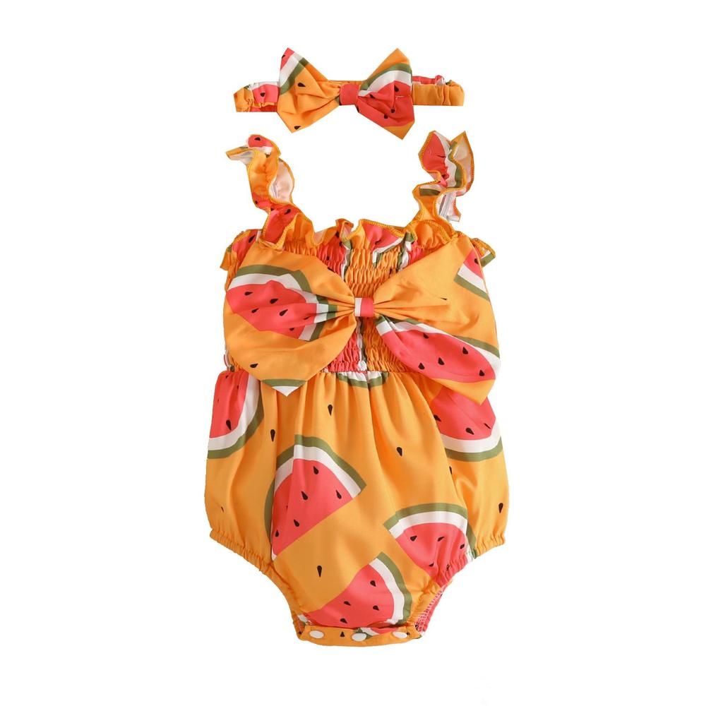 Toddler Baby Girl Jumpsuit Set Summer Ruffle Watermelon Print Bow Sleeveless Rompers and Headband