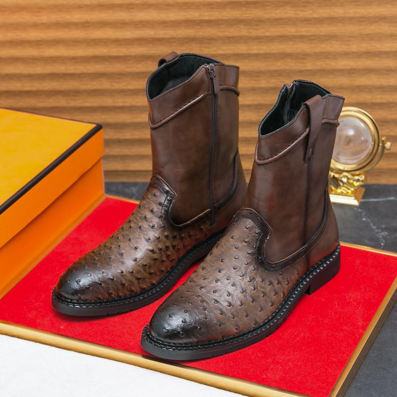 Fashion New Men Boot Trendy Outdoor Winter Platform Pointed Toe Mid Heel Motorcycle Boots Zipper Solid Color Pu Leather Rome Boots Men