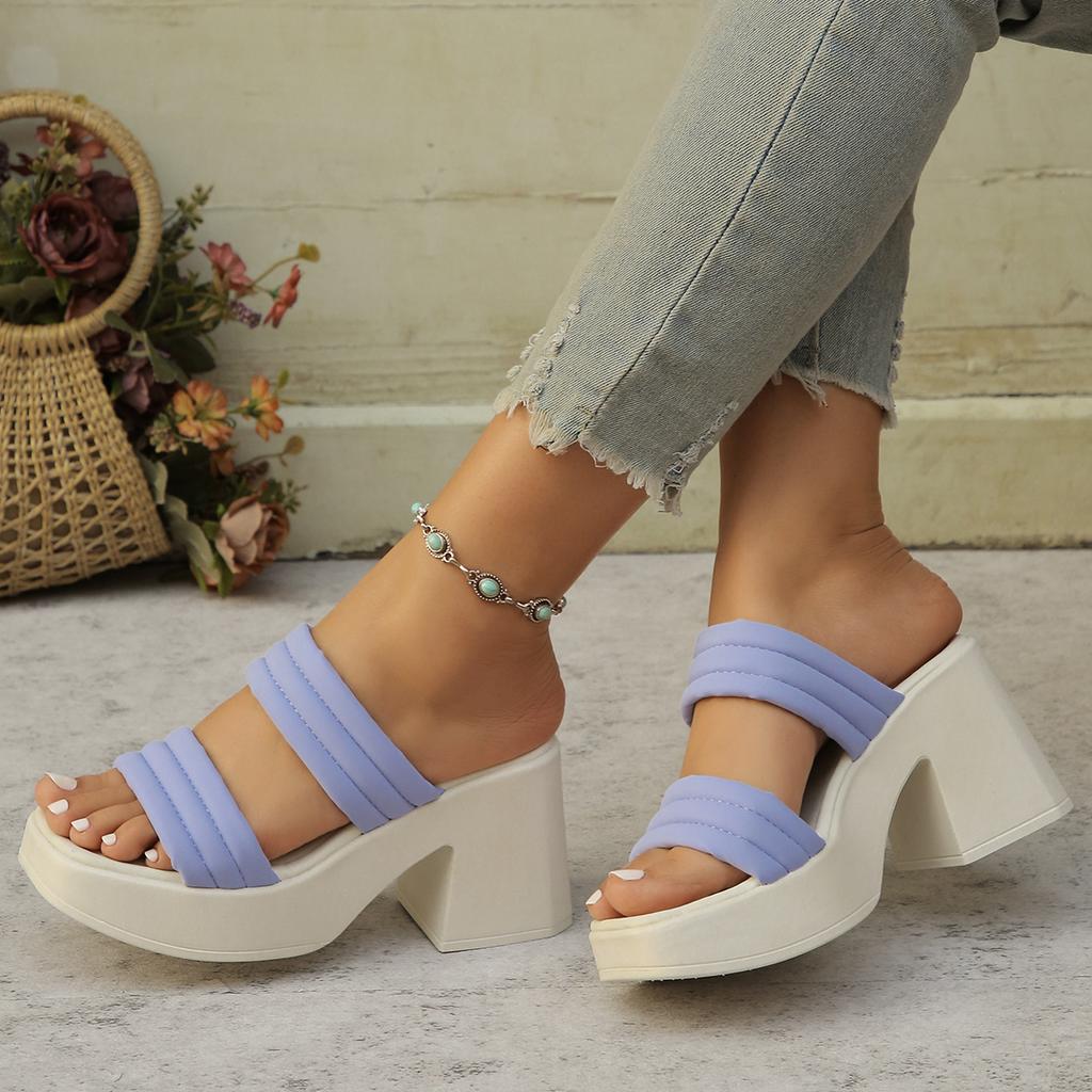 Модные женские тапочки Летние туфли с квадратным носком на толстом высоком каблуке Женская обувь Повседневные босоножки на толстой подошве Удобные тапочки Тапочки на высоком каблуке