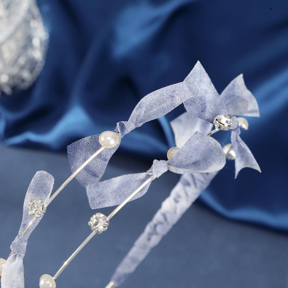 Двойная повязка на голову с бантом из ленты со стразами и жемчугом, темно-синяя, резинки для волос, обручи для головы для женщин, ретро, летние, простые повязки на голову, аксессуары