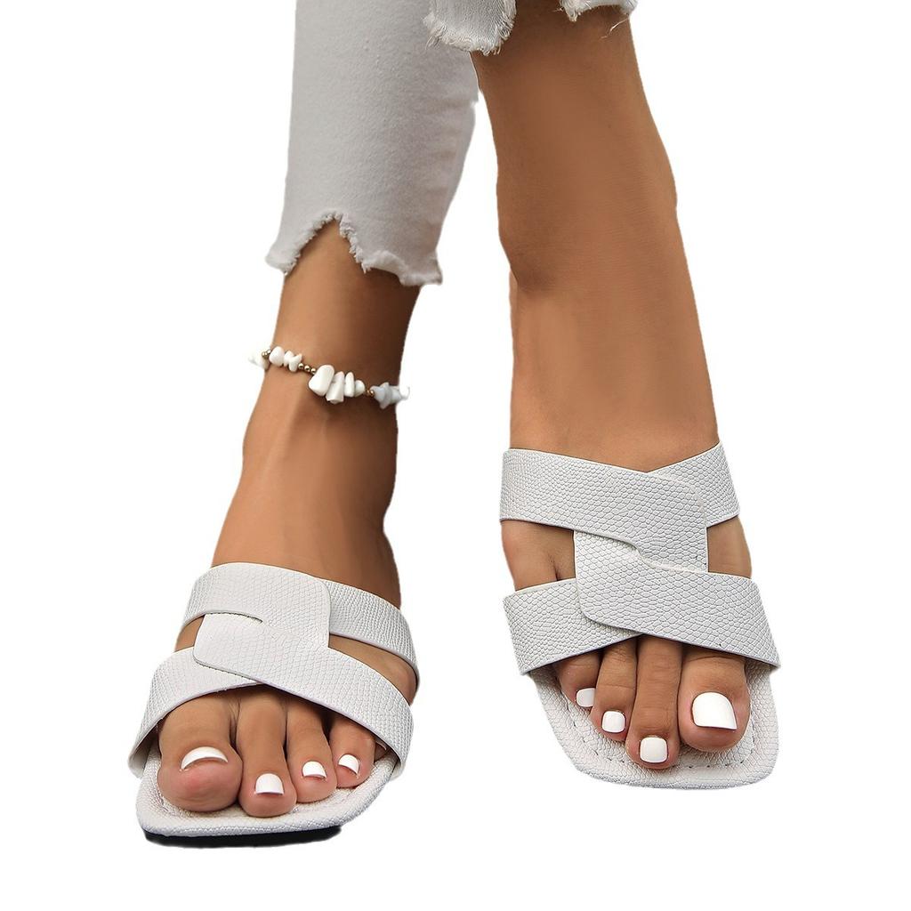 Женские летние сандалии 2025 года с квадратным носком и плоским дном, женские ленивые пляжные туфли большого размера, мода