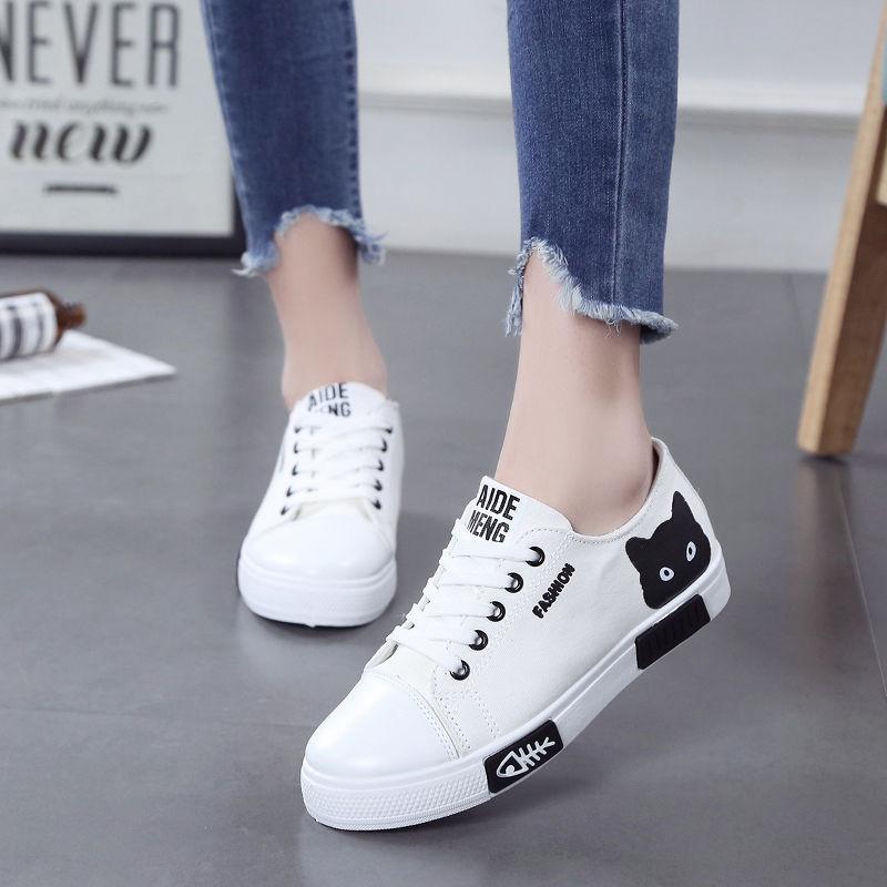 FiveFive Women Spring Cartoon Cat Women Casual Shoes Comfortable Flat Vulcanize Shoes Women Sneakers White Shoes